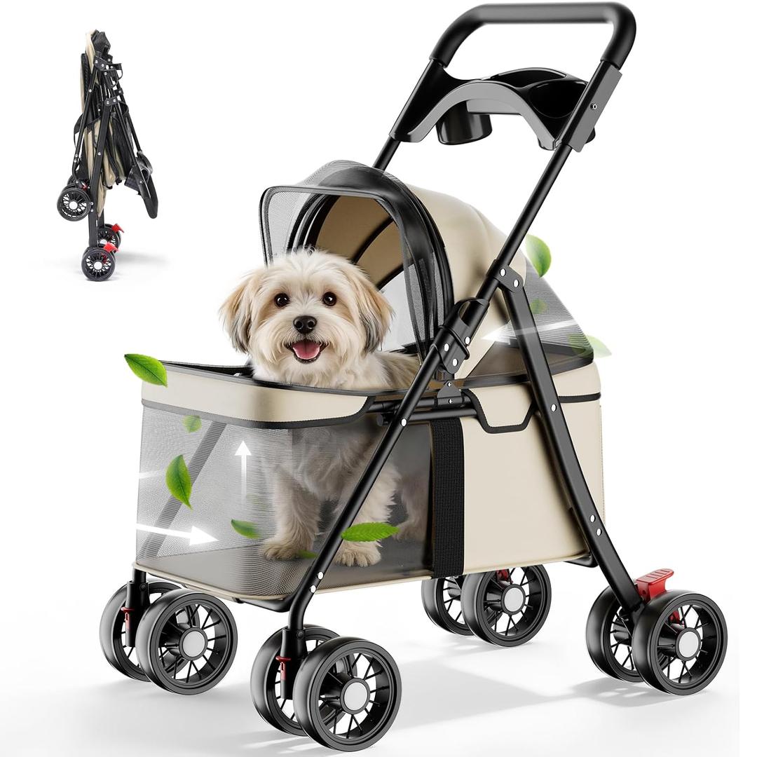 GTPLAYER Foldable Pet Stroller for Small Dogs and Cats, Holds Up to 33 lb, 4-Wheel Stroller with 2 Safety Tethers, Breathable Mesh, Lockable Front Wheels, Cup Holder/Tray & Storage Pocket, Cream