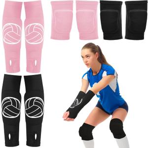 Sosation 2 Set Volleyball Knee Pads and Volleyball Arm Sleeves with Protection Pad Compression Forearm Wrist Guard with Thumb Hole Soft Breathable for Hitting Passing (Black, Pink)