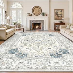 Living Room 10x14 Area Rugs, Washable Area Rug Stain Resistant Carpet Vintage Soft Rugs for Bedroom with Non Slip Backing Indoor Home Decor (10'x 14',BeigeBlue)
