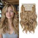REECHO Hair Extensions, 4PCS Clip in Hair Extensions 14" Short Beach Wavy Invisible Lace Weft Natural Soft Hairpieces for Women  Honey Blonde with Highlights