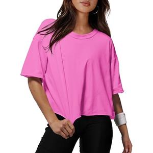 XIEERDUO Cotton Tshirts for Women Drop Shoulder Round Neck Oversized Crop Tops Workout Tops Tees.L