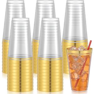 50 Pack 16 Oz Gold Rim Clear Plastic Cups Heavy Duty Disposable Wine Glasses Party Cups for Wedding Christmas Thanksgiving Birthday Party