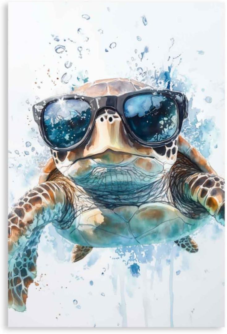 YMXZHUANSH Sea Turtle Canvas Wall Art for Bathroom Turtles with Glasses Pictures Funny Turtle Painting for Home Decor Unframed(White 12.00" x 18.00")