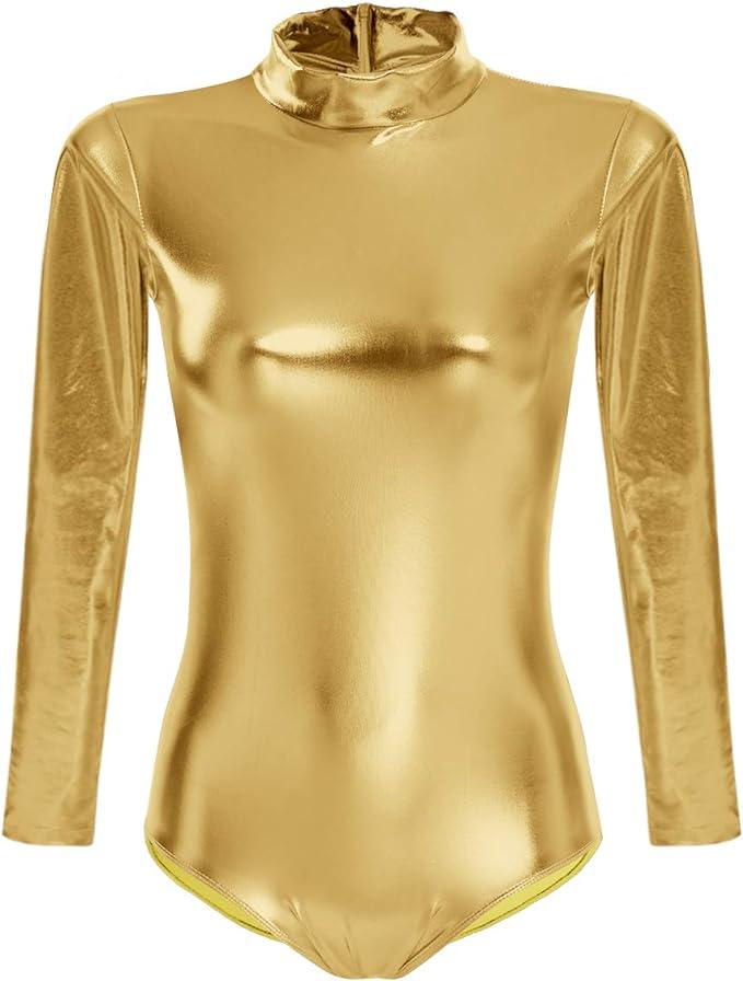 ODIZLI Women Shiny Metallic Long Sleeve Leotard Mock Turtleneck One Piece Bodysuit for Gymnastics Ballet Dance, 2XL