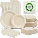 300Pcs Compostable Paper Plates Set, Eco-friendly Heavy Duty Plates & Biodegradable Utensil Include Forks,Knives,Spoons, Napkins, Disposable Dinnerware Set for Party (Brown) (Brown (Natural Unbleached))