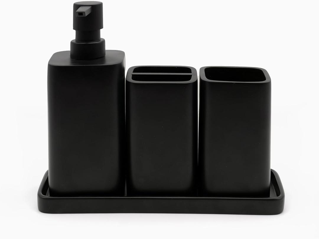 ZCCZ Matte Black Bathroom Accessory Sets, 4 Pieces Bathroom Accessories Complete Set Vanity Countertop Accessory Set, Includes Lotion Dispenser Soap Pump, Tumbler, Toothbrush Holder and Tray