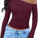 REORIA Womens 2025 Fall Fashion Long Sleeve Shirts Double Lined Casual Slim Fitted Off The Shoulder Tops (Small, Burgundy)