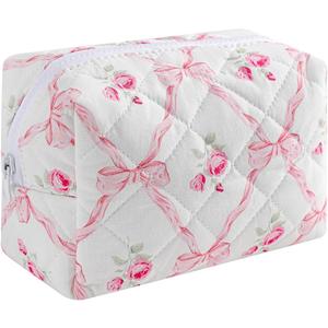 Cute Small Makeup Bag,Quilted Floral Cotton Cosmetic Pouch, Quilted Flowers Pencil Case with Zipper, Kawaii Travel Toiletry Bags for Purse(07PinkBow)