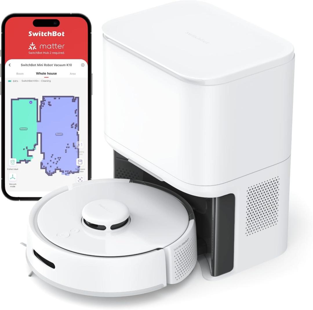 SwitchBot Mini Robot Vacuum K10+, Self-Emptying Base for 70 Days of Cleaning, LiDAR Navigation, Robot Vacuum and Mop Combo with Custom Cleaning, 48dB Ultra Quiet, 150Mins Max, Compatible with Alexa