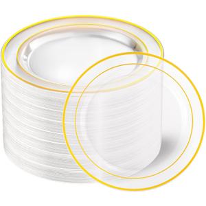 I00000 60PCS Clear Gold Dessert Plates, Clear Plastic Plates with Gold Rim 7 Inch, Fancy Disposable Wedding Plates Heavy Duty for Wedding Birthdays Party Dinner (50-60 Pcs 7inch, Gold)