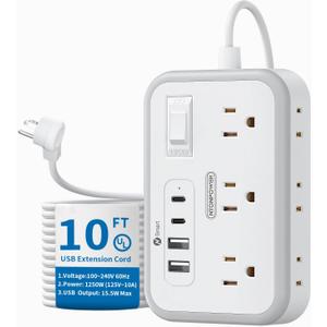 Power Strip 10 ft, Flat Plug Extension Cord with 6 Outlets 4 USB Ports, Outlet Extender Long Cord, Overload Protection, Extension Cord with Multiple Outlets for Indoor, Home, Office