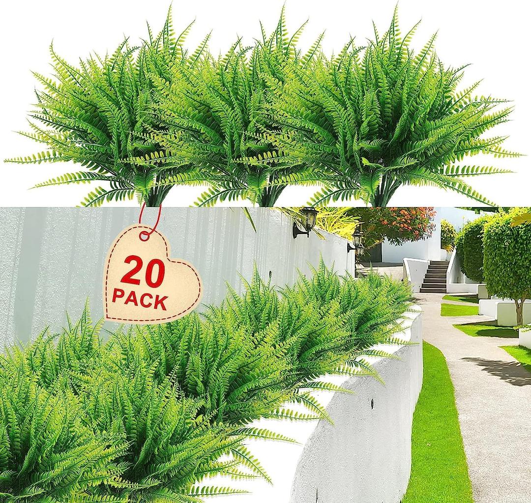 20 Bundles Artificial Boston Fern Plants  Lifelike UV Resistant Fake Plants for Outdoor & Indoor, Faux Greenery Stems for Garden, Porch, Patio, Yard, Home, Office Decor