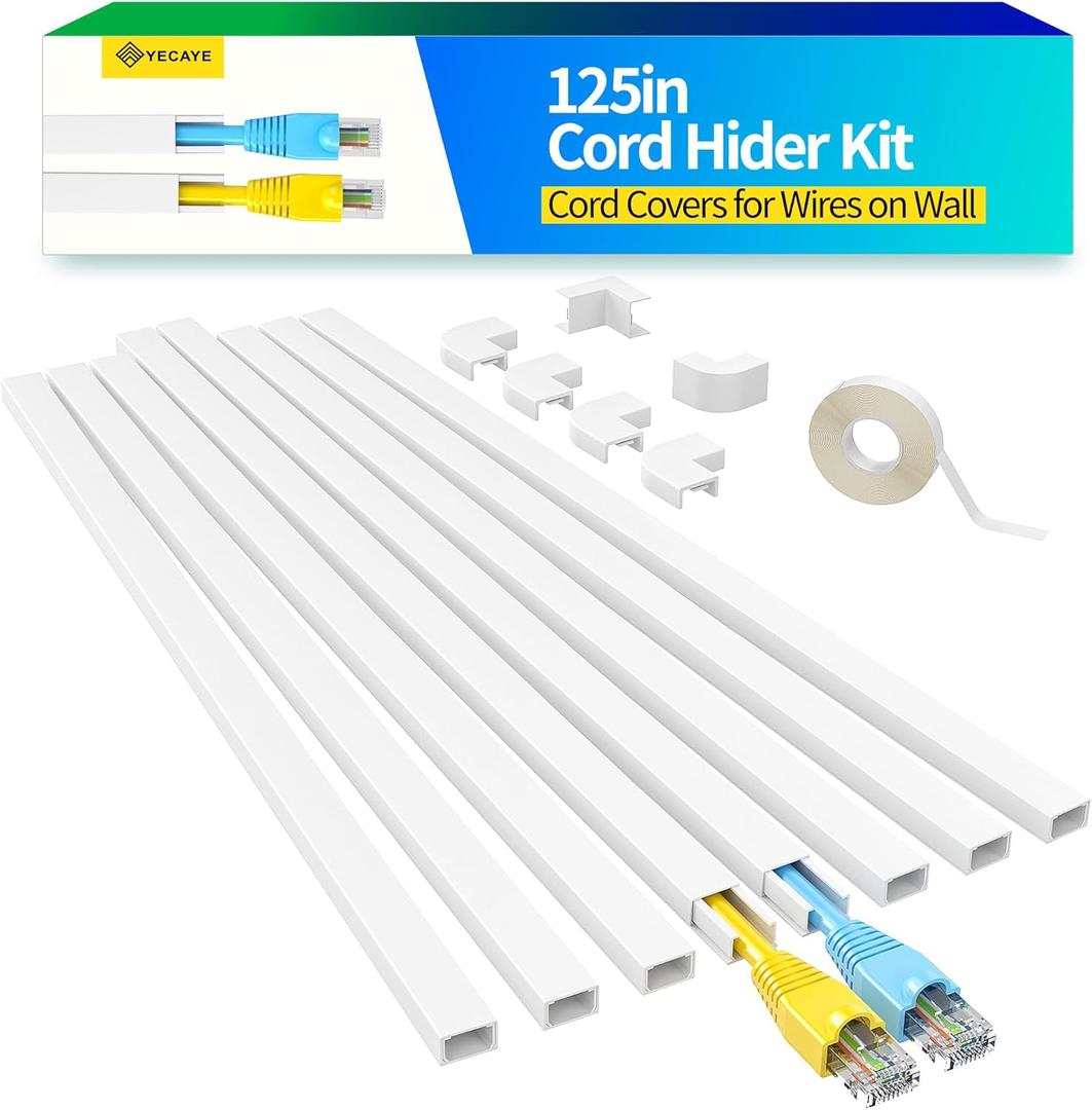 125in Cord Hider, One-Cord Cable Concealer, Cord Covers for Wires on Wall - Easy Install Cable Management Kit for 2 Small Wires, Cables Raceway Home Office, 8X L15.7in W0.59in H0.4in, White (Small, White)