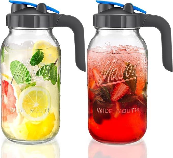2 Pack Glass Pitchers with Lid, 64 oz Sun Tea Pitcher, Half Gallon Mason Jar Pitcher with Wide Mouth Airtight Lid for Ice Tea, Cold Brew Coffee, Fridge Water, Milk, Juices, Leak Proof Water Jug
