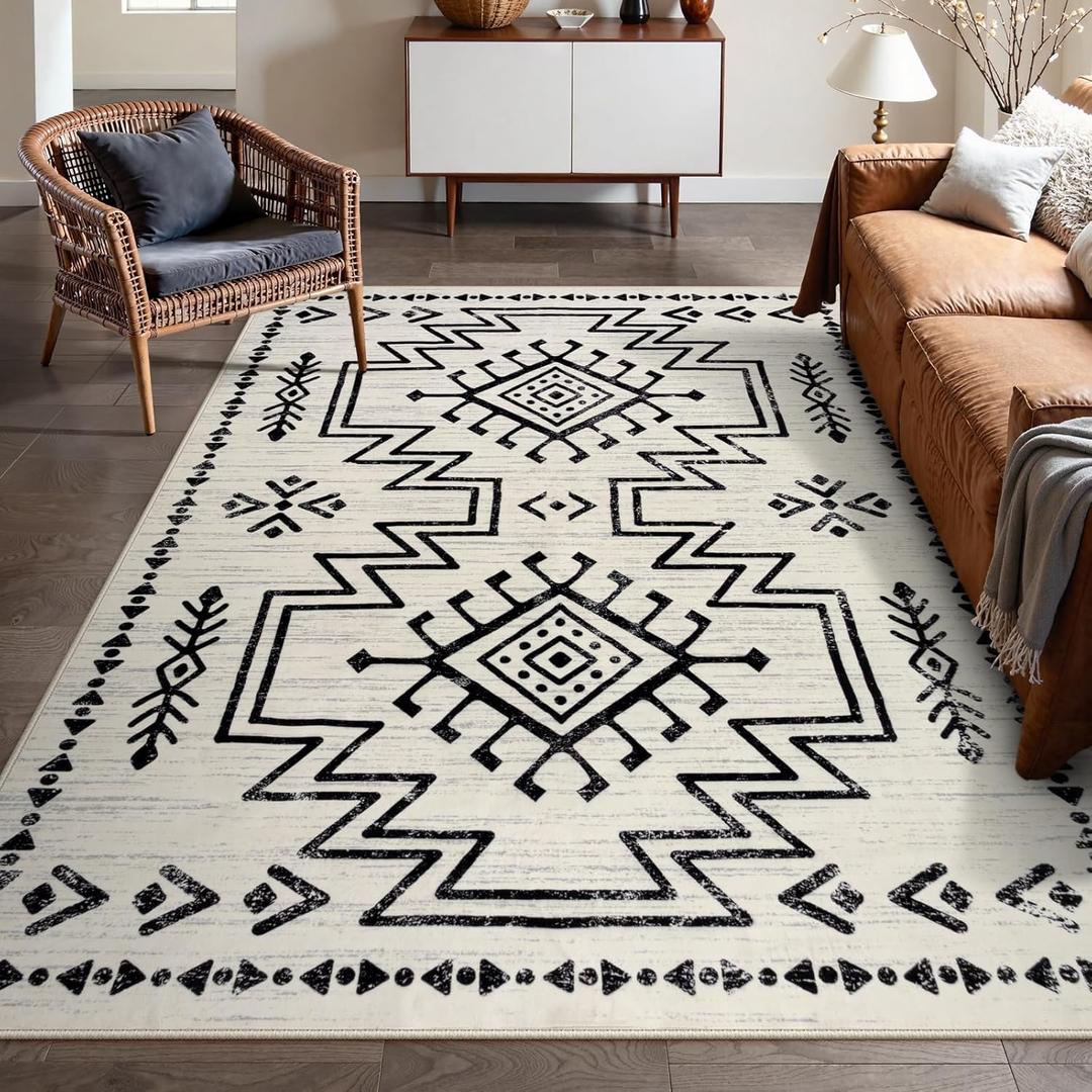Lahome Moroccan Rug 8x10 for Living Room, Boho Soft Washable Area Rugs for Bedroom, Low Pile Western Carpet for Dining Room Table, Distressed Aztec Carpets for Office Home Decor (Ivory)