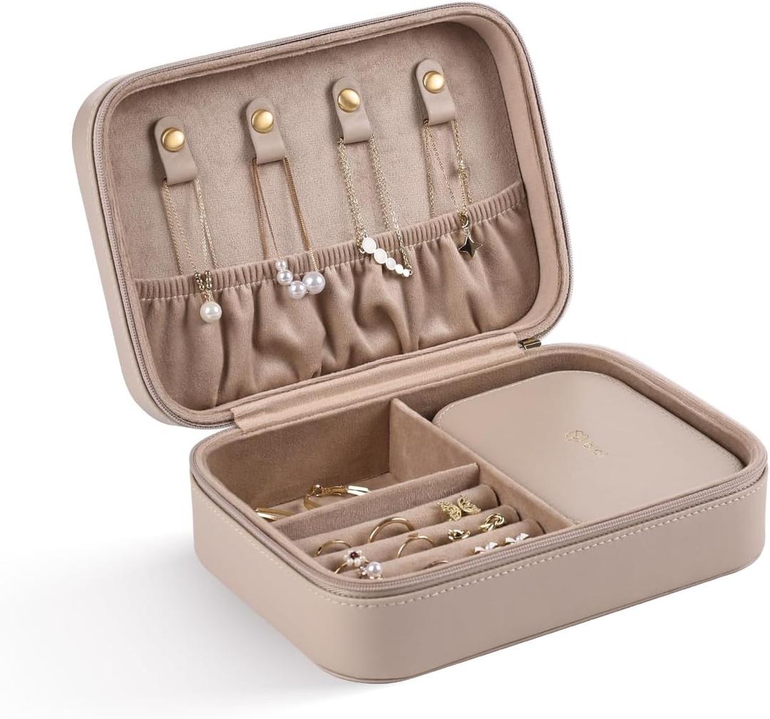 Travel Jewelry Box, Medium Size Jewelry Organizer Box, Removable Jewelry Pouch, Large Capacity, Earrings Necklaces Bracelets Rings Storage, Light Taupe