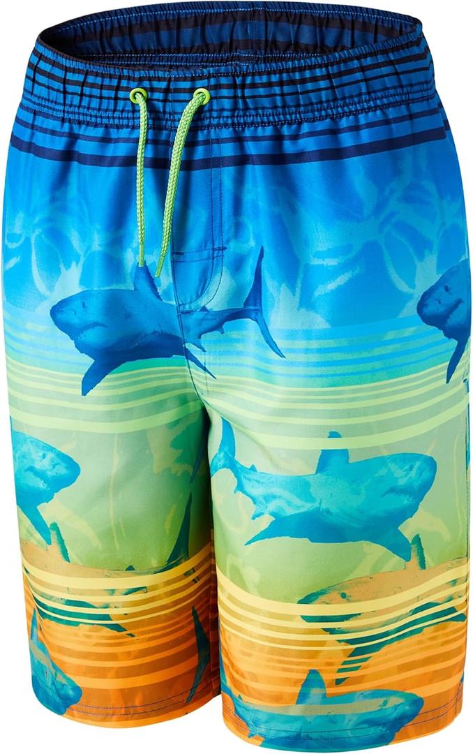 BARRACUDA BAY Boys Swim Trunks Quick-Dry w/Ultra Soft Jersey Lining Premium Eco Material UPF 50+ (Small, Sunset Reef Sharks)