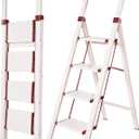 BIBKOKE Step Ladder 4-Step White Finish Aluminum Iron Folding Ladders | Anti-slip Sturdy Portable Foldable Ladder Modern Step Stool for Kitchen Home Office Libaray
