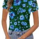 MEROKEETY Women's 2025 Summer Spring Casual Short Sleeve T Shirt Trendy Sheer Mesh Boho Vacation Floral Blouse Tops (M)