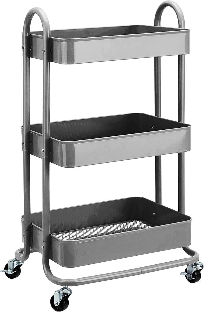 Amazon Basics 3-Tier Rolling Utility or Kitchen Cart, Lockable Wheels, Multifunctional Storage, Mobile Shelving Unit, Metal Storage Organizer, Charcoal