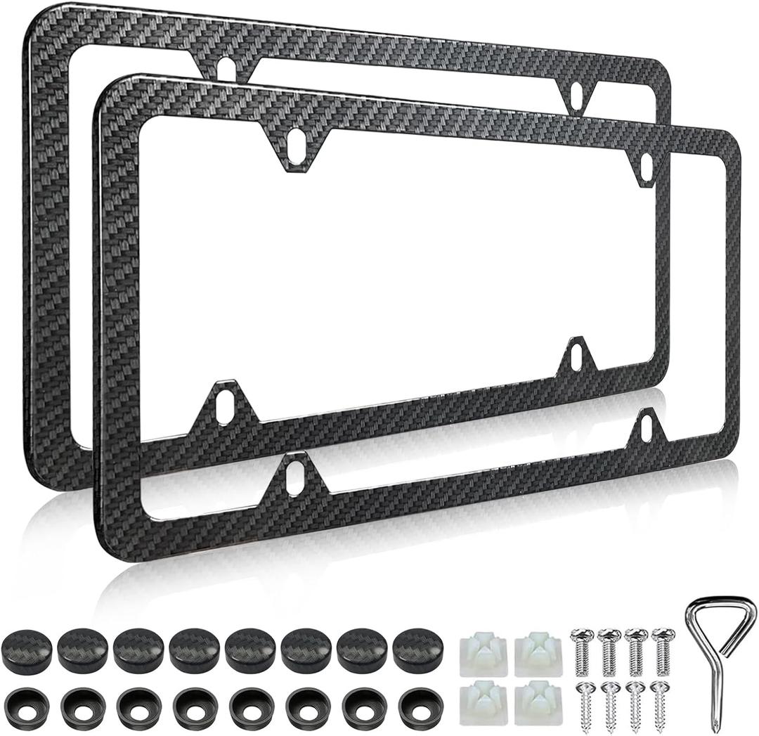 LIN KANG Carbon Fiber License Plate Frames - 2 Pack Black Aluminum Front & Rear Auto Car Tag Holder Covers Printed Carbon Pattern, 4 Hole Gloss Slim Frame with Fasteners and Screw Caps