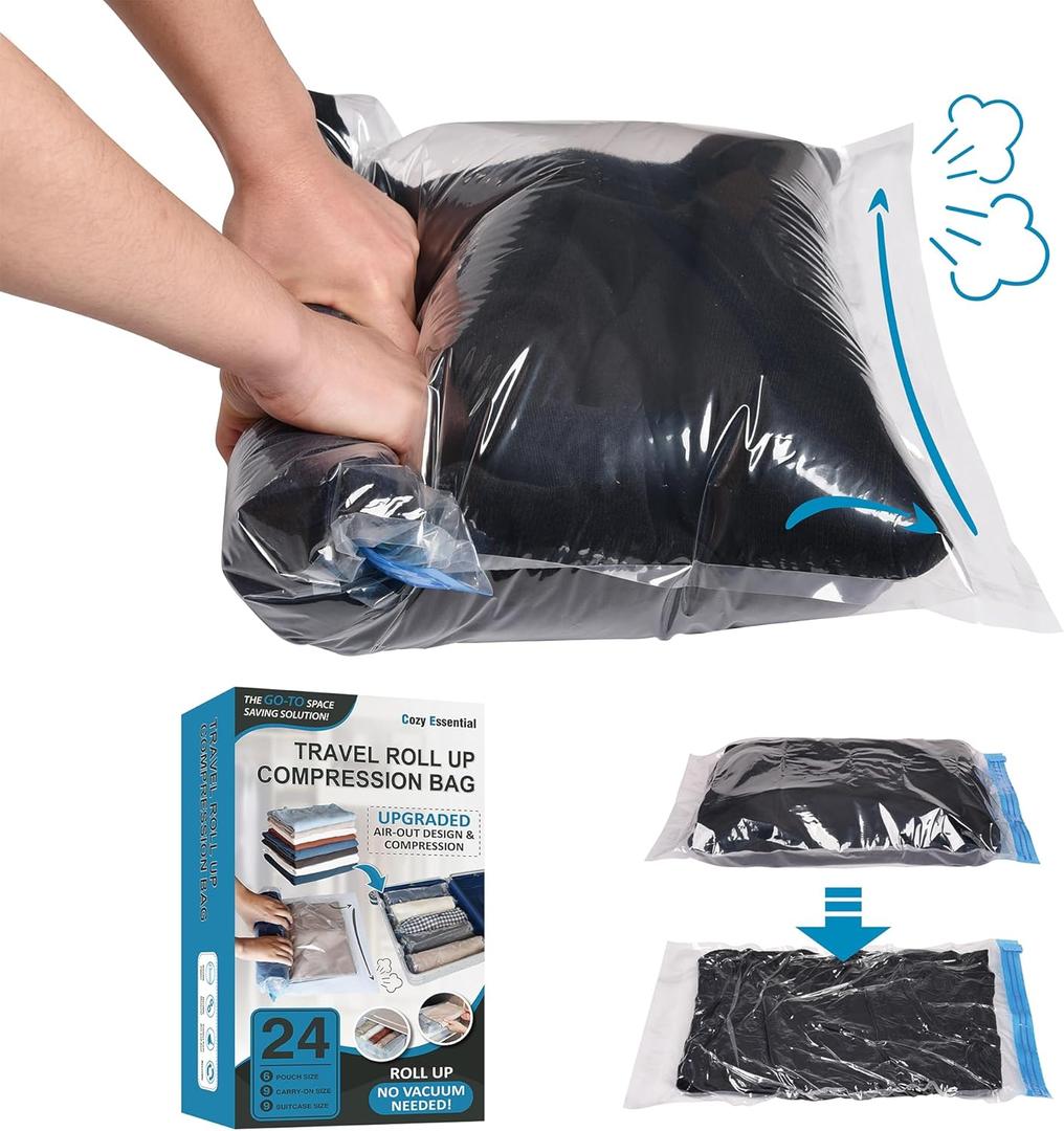Cozy Essential Compression Bags for Travel - Travel Essentials - 24 Pack Space Saver Bags - No Vacuum Needed - Compression Packing Bags for Cruise Accessories