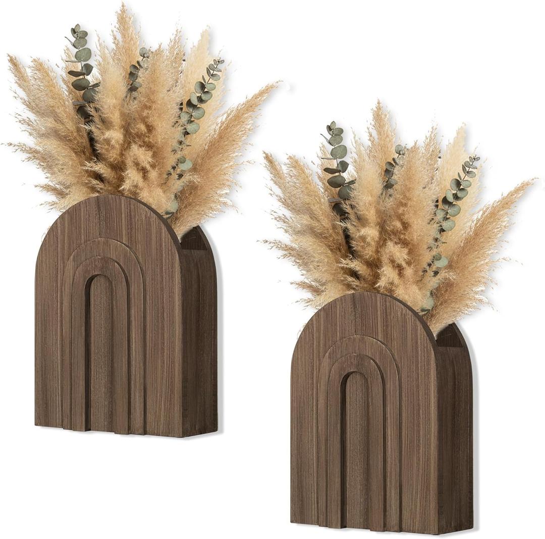 2 Pack Natural Finish Wooden Wall Vase for Dried Flowers & Pampas Grass, Boho Farmhouse Wood Flower Wall Decor for Bathroom & Living Room, Hanging Planter