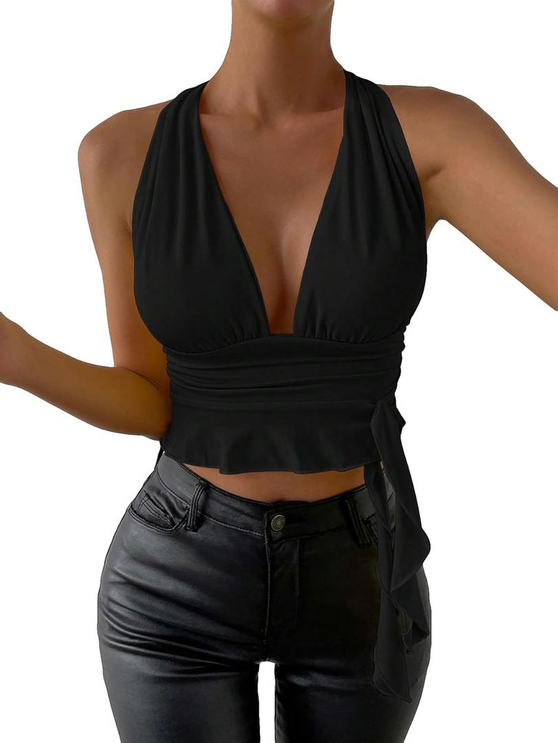 SOLY HUX Women's Sexy Deep V-Neck Halter Crop Top Summer Beach Vacation Clothes Y2K Trendy Tank Top for Going Out Party (Plain Black) X-Small