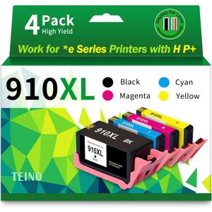 TEINO 910XL Ink Cartridges Replacement for HP 910XL Ink Cartridges Combo Pack 910 Ink Work with OfficeJet Pro 8015e 8025e 8020 8028e 8010 8035e Printers (4-Pack 910XL Black and Color Combo Pack)