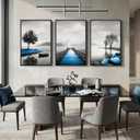 Framed Blue Black and White Lake Wall Art for Living Room, 3 Piece Large Landscape Prints Artwork for Walls, Modern Scenery Canvas Pictures Paintings for Dining Room Home Office Wall Decor, 24x36 Inch, 24"W x 36"L x 3 pcs