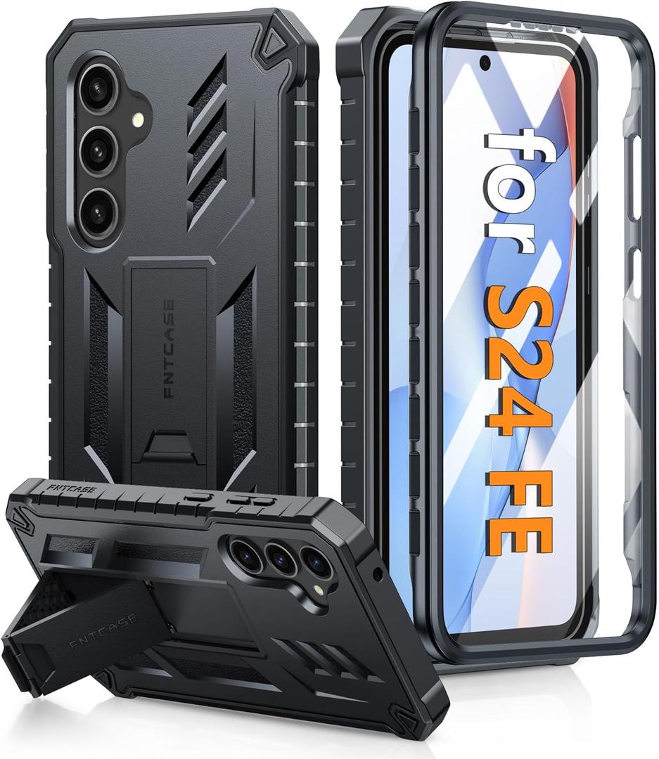 FNTCASE for Samsung Galaxy S24 FE Case: with [Built-in Screen Protector & Kickstand] [Military-Grade Drop Protection] Heavy Duty Protective Full Body Shockproof TPU Phone Cover Black