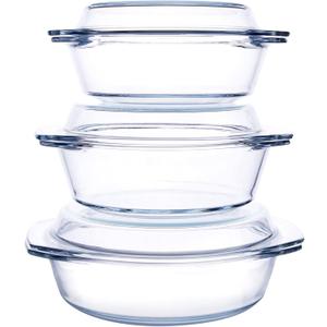 HUSANMP Set of 6 Pieces Round Tempered Glass Casserole Dish with Lids, Glass Casserole Baking Dish Set for Oven, Freezer and Dishwasher Safe - 1QT+1.5QT+1.8QT
