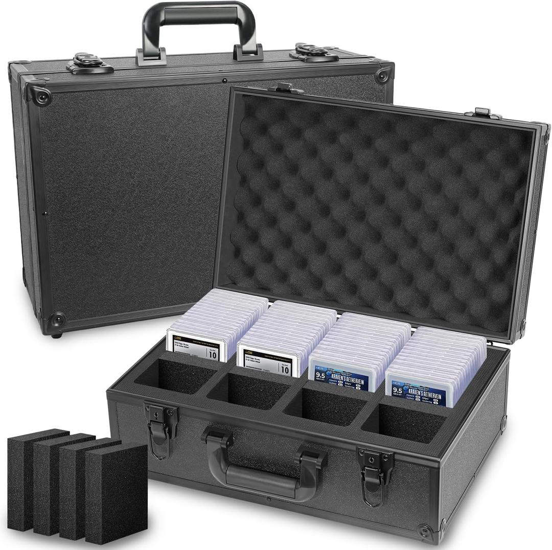 HESTECH 140+ Graded Card Storage Box, 4 Row Graded Card Case,Slab Case Includes 4 Foam Inserts,Sports Card Case Fits PSA,CSG,GMA,HGA,Sports Cards and Toploaders