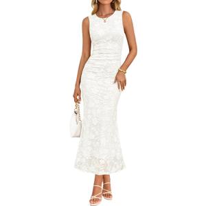ZESICA Women's Sleeveless Floral Bodycon Maxi Dress 2026 Summer Ruched Mesh Wedding Guest Cocktail Party Dresses (White, XL)