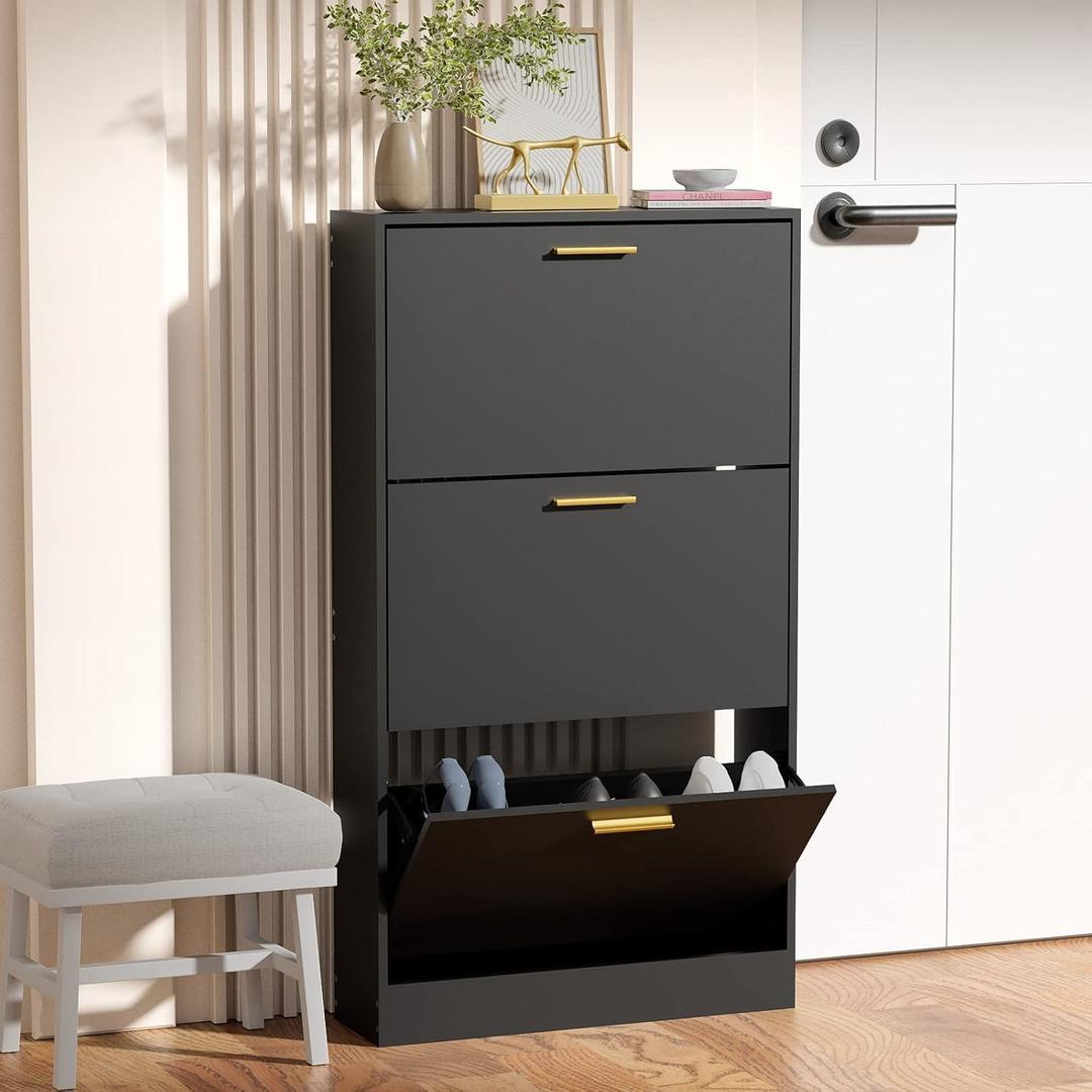 JOZZBY Shoe Cabinet Storage with 3 Flip Drawers for Entryway, Black Slim Freestanding Modern Narrow Shoe Organizer Rack Cabinet for Hallway, Living Room (3 Drawer, Black-1pc)