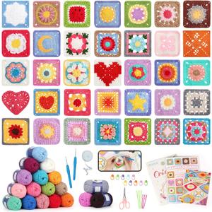 Katech Crochet Kit for Beginners, 50 Granny Squares Crochet Kits for Adults Beginner Learn to Crochets w/Step-by-Step Video Tuturials, Knitting Kit w/1378yds Yarn Granny Square Card Deck- 80% Cotton
