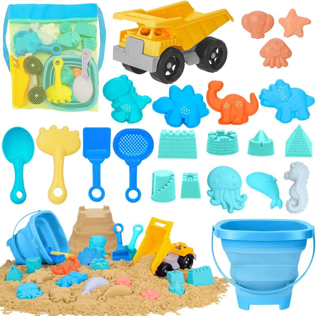 Beach Toys, 23Pcs Sand Toys, Sandbox Toys with Dump Truck, Collapsible Sand Bucket, Shovel Set, Sand Castle Kit, Animal Dinosaur Molds, Mesh Bag, Travel Toys for Kids Toddlers Boys Girls