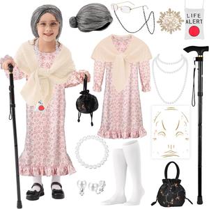 100 Days of School Old Lady Costume Set Grandma Dress Up Cosplay Accessories for Girls 13PCS (L8-10y, Apricot)