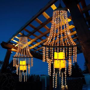 Battery Operated Hanging Chandelier Outdoor Indoor, 28 Modern Acrylic Crystal Hanging Beaded Lantern with Led Candle Light, Pendant Lights Decor for a Gazebo, Garden, Backyard, Patio, Balcony, Porch
