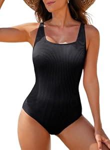 Aleumdr Bathing Suits for Women One Piece Swimsuits Tummy Control Square Neck Ribbed 2025 Slimming Swimwear Black X-Large