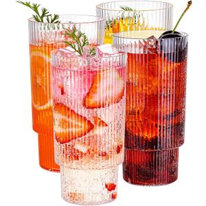 Hioasis 4PCS Clear Plastic Cups - 14OZ Plastic Ribbed Drinking Glasses, Reusable,BPA-free Tumbler Cups for Hold Beer, Iced Coffee, Juice Whiskey
