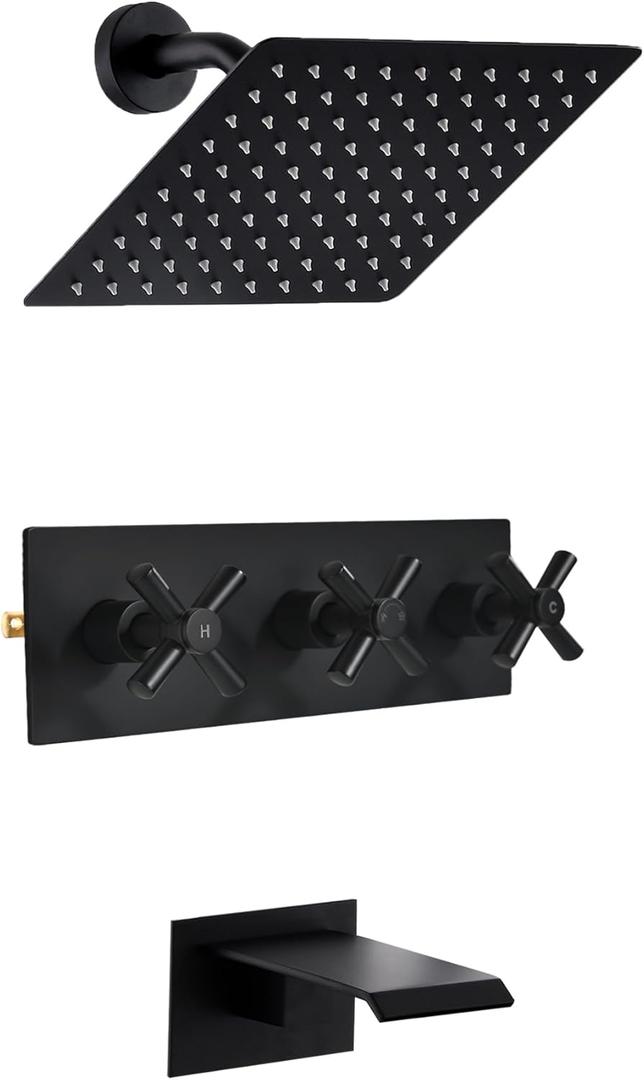 3 Handle Tub Shower Faucet, Matte Black Three Handle Shower Faucet Set with Waterfall Tub Spout and 8" Rainfall Shower Head, 3 knob shower tub faucet set