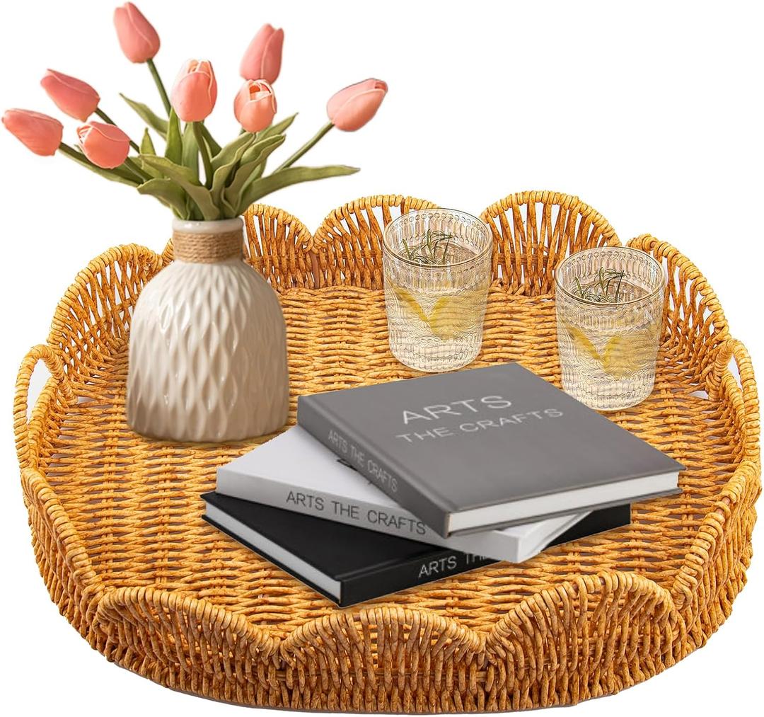Elliptical Rattan Scalloped Tray, Woven Basket Tray with Bulit-in Handles Scalloped Edges Serving Tray for Coffee Table Living Room Home Decor 14.2" L x 10.9" W x 3.4" H
