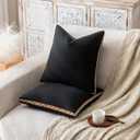 Decorative Neutral Linen Throw Pillow Covers 18x18 Inch Set of 2, Black Boho Farmhouse Pillow Covers with Braid Fringe for Sofa Bed Modern Couch Pillow Cases for Organic Home Decor
