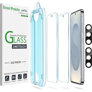 amFilm Autoalignment OneTouch for Samsung Galaxy S25+ Plus 6.7'' Screen Protector + Camera Lens Protector, Tempered Glass, 30 seconds Installation, Bubble Free, Case Friendly, AntiScratch [2+2 Pack]