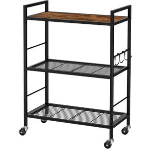 3-Tier Metal Storage Rack with Industrial Wheels,Mesh Shelving Unit with Wooden Table top,Adjustable Shelf,23.6-Inch Width,for Kitchen,Laundry,Pantry,Plant,Black
