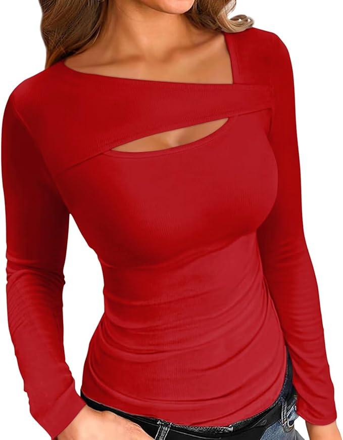 Long Sleeve Shirts Women Ribbed One Piece Cutout Tops Fashion Slim Fitted Clothes, L