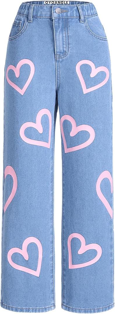 OYOANGLE Girl's Cute Heart Print Elastic Waist Straight Leg Jeans Trendy Denim Pants Blue 12Y