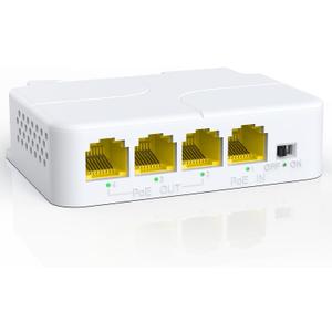 YuanLey 4 Port PoE Extender Gigabit with 3 PoE Out, IEEE 802.3af/at Mini 4 Channel Repeater 1000Mbps, VLAN, Wall and Din Rail Mount Passthrough POE Amplifier/Booster, Plug and Play White