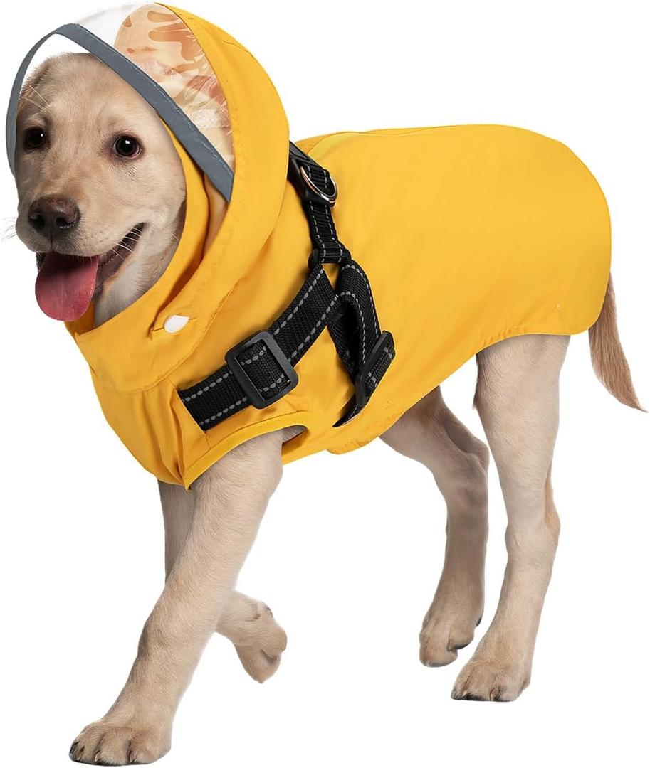 Lukovee Dog Raincoat - Waterproof Rain Jacket with Harness & Removable Hood, Reflective Double Layer Dog Rain Coat Poncho (M, Y)